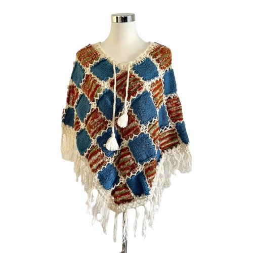 Poncho wolle bunt fransen boho - poncho,